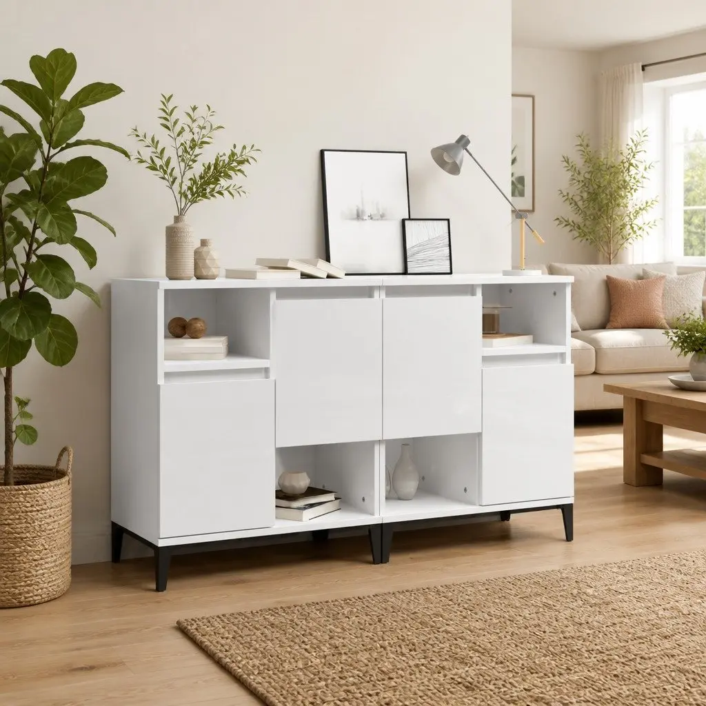 High Gloss White Sideboards Storage Cabinet Engineered Wood 60x35x70cm Set of 2