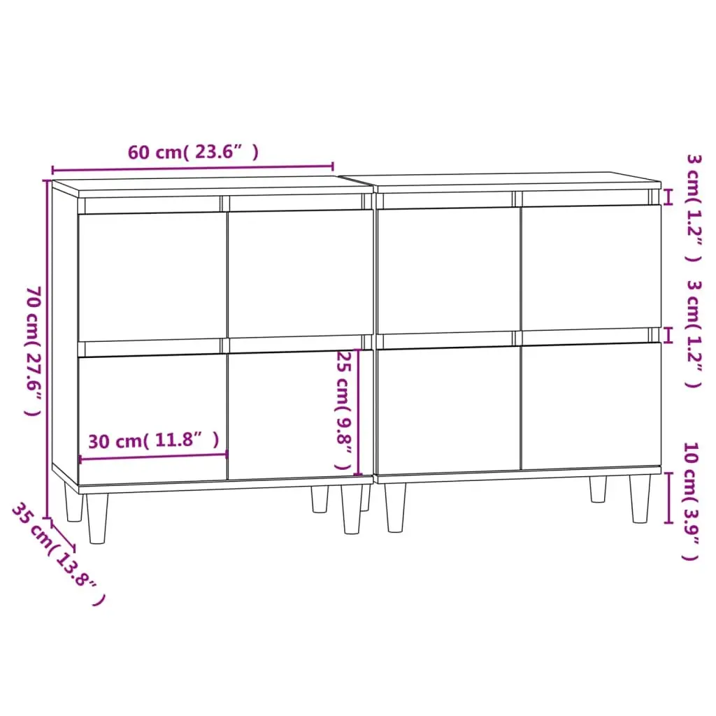 Storage Cupboard Grey Engineered Wood Set of 2 60x35x70cm Sideboard Cabinet