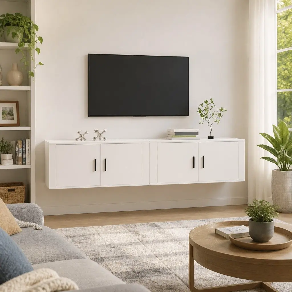 Wall-mounted TV Cabinets 2 pcs White Storage Media Unit Organiser