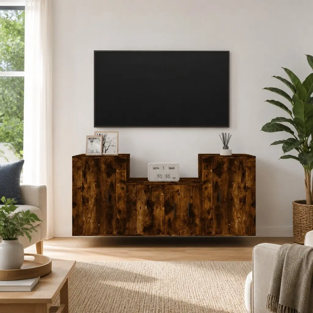 3 Piece Engineered Wood Media Storage Unit Brown Wall-Mounted TV Cabinet Set