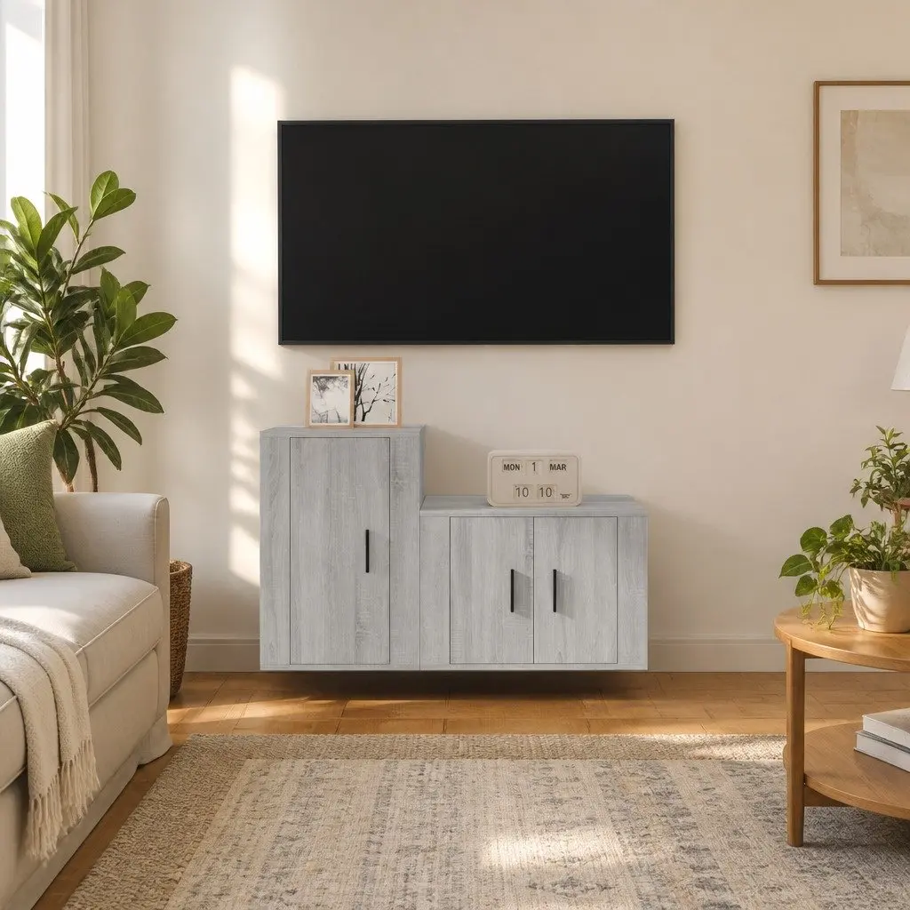 2 Piece Wall-Mounted Grey TV Cabinet Set