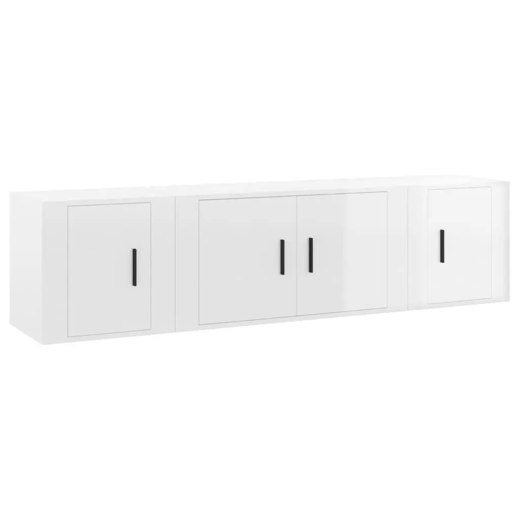 3 Piece Engineered Wood Media Cabinet Set Wall-Mounted High Gloss White