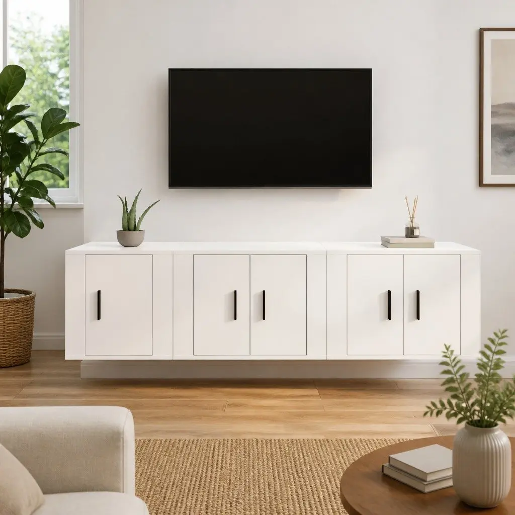 3 Piece White Wall-Mounted TV Cabinet Set