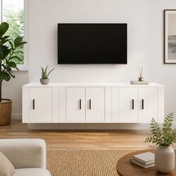 3 Piece White Wall-Mounted TV Cabinet Set
