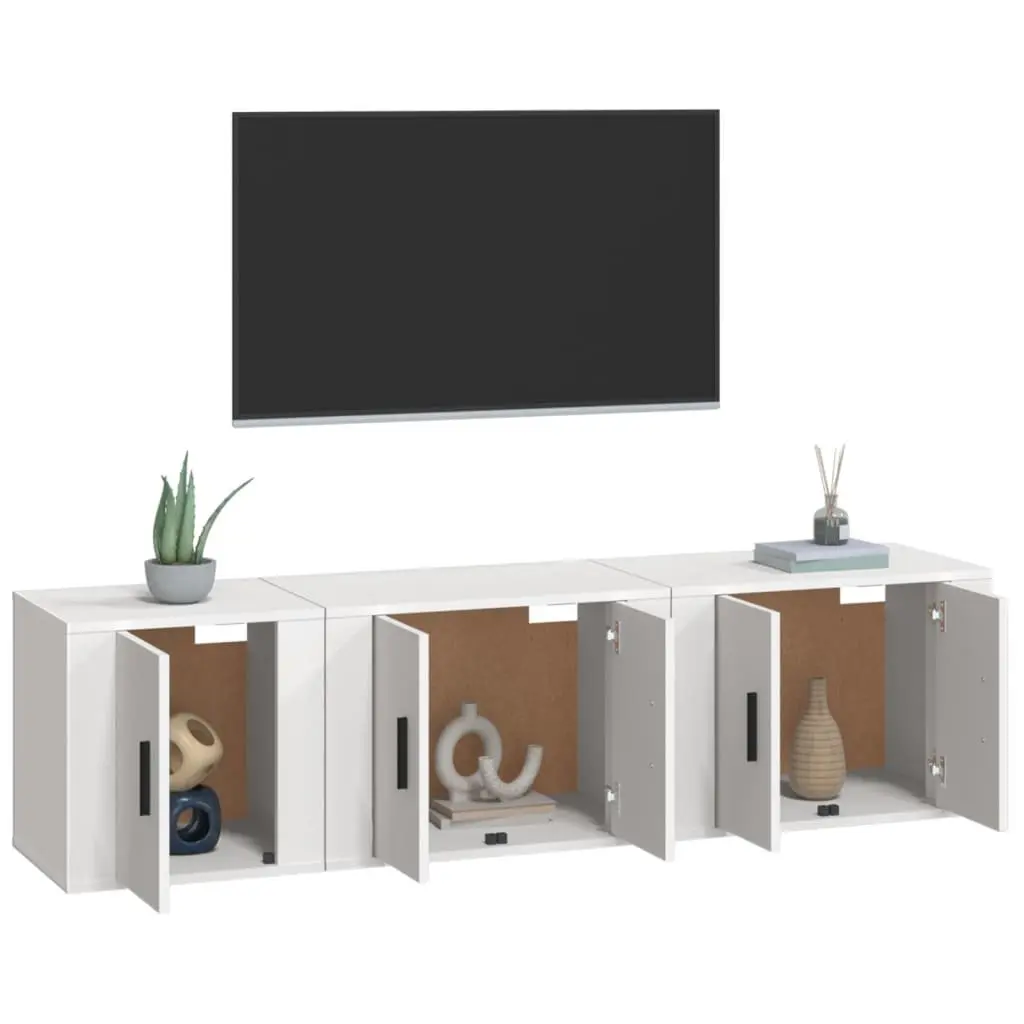 3 Piece White Wall-Mounted TV Cabinet Set