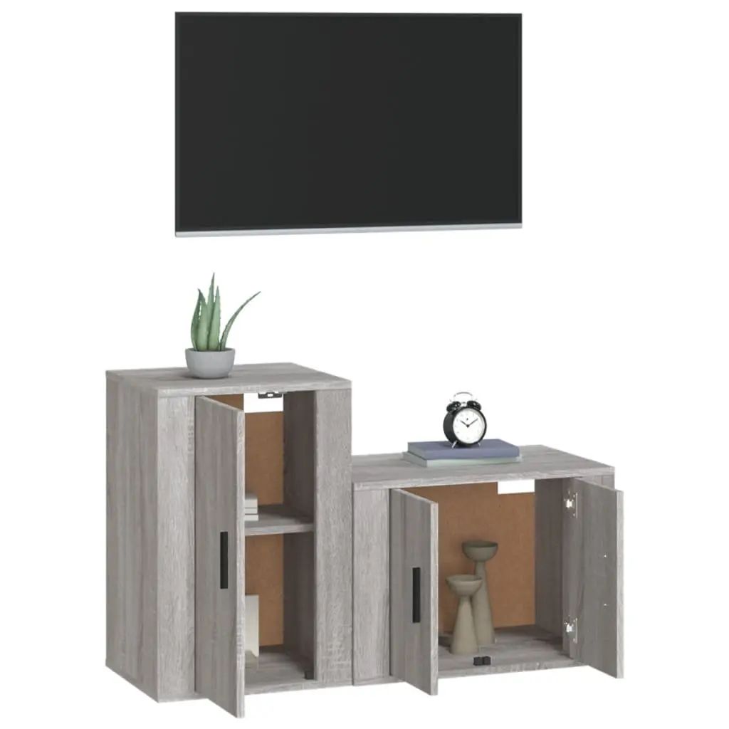 TV Cabinet Set 2 Piece Wall Mounted Grey Storage Unit Engineered Wood Furniture