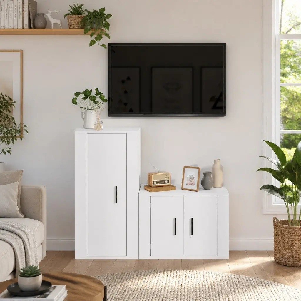 2-Piece White Wall-Mounted TV Cabinet Set