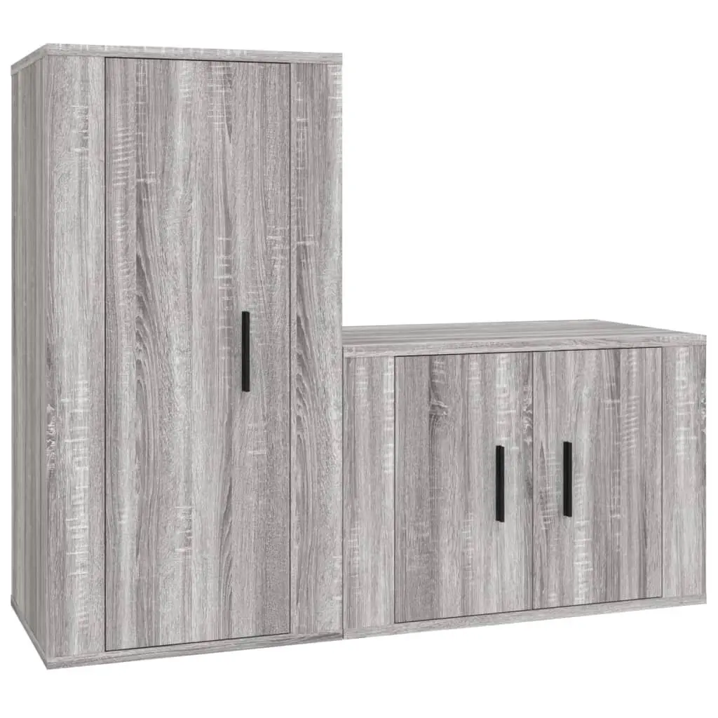 TV Cabinet Set Wall-Mounted Grey 2 Piece Engineered Wood Storage Unit