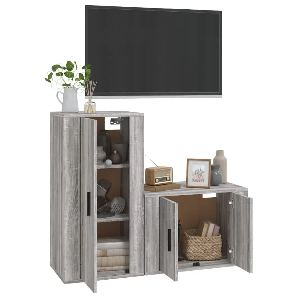 TV Cabinet Set Wall-Mounted Grey 2 Piece Engineered Wood Storage Unit
