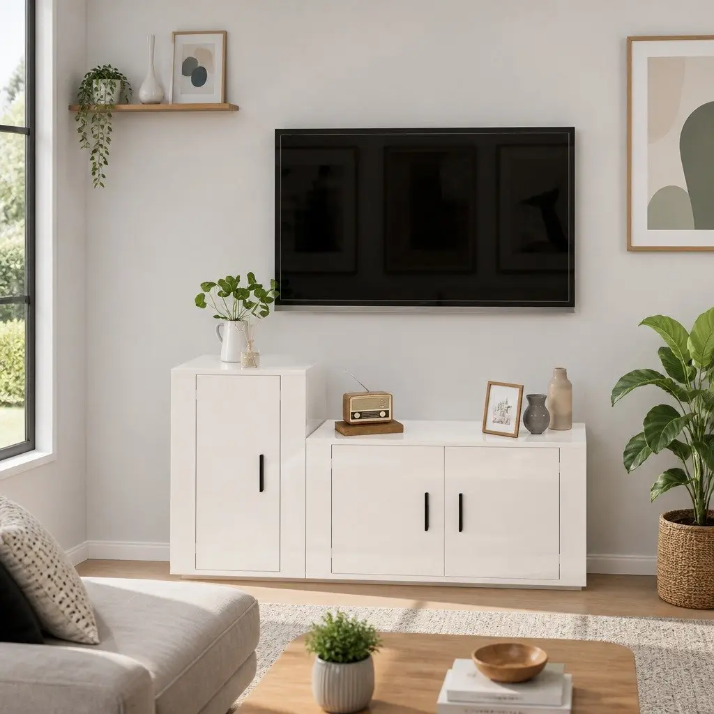2 Piece Wall Mounted TV Cabinet Set High Gloss White Engineered Wood Storage