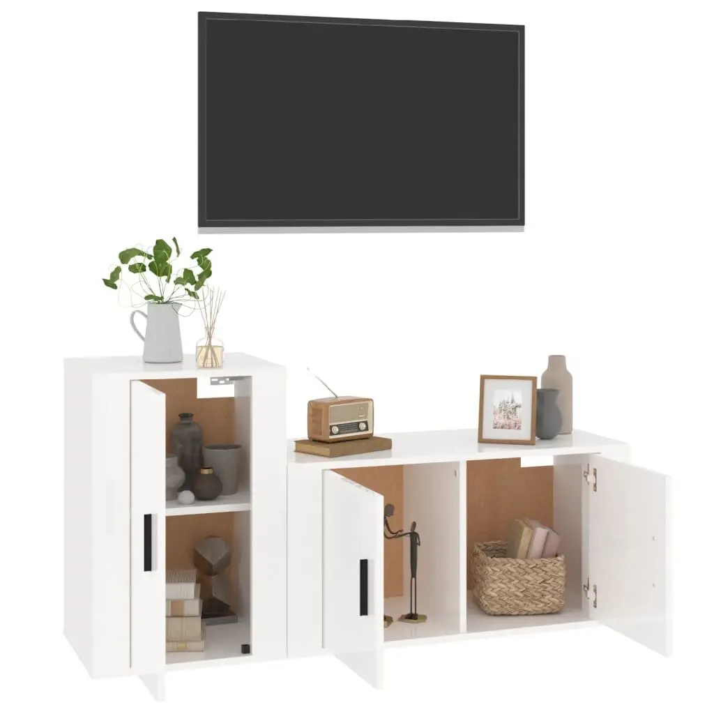 2 Piece Wall Mounted TV Cabinet Set High Gloss White Engineered Wood Storage