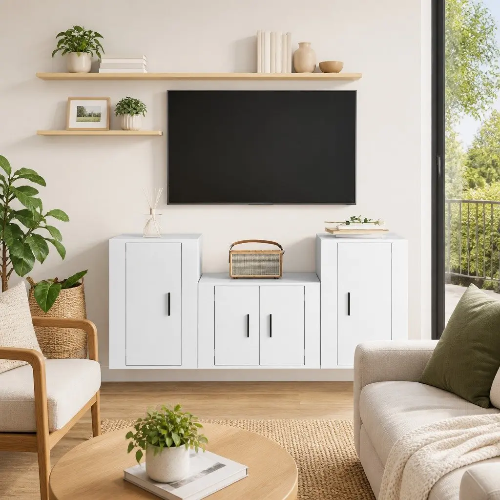 3 Piece High Gloss White TV Cabinet Set