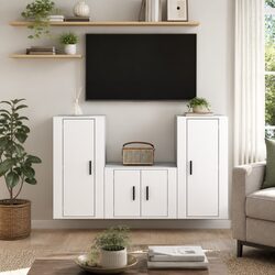 White Wall-Mounted 3 Piece TV Cabinet Set