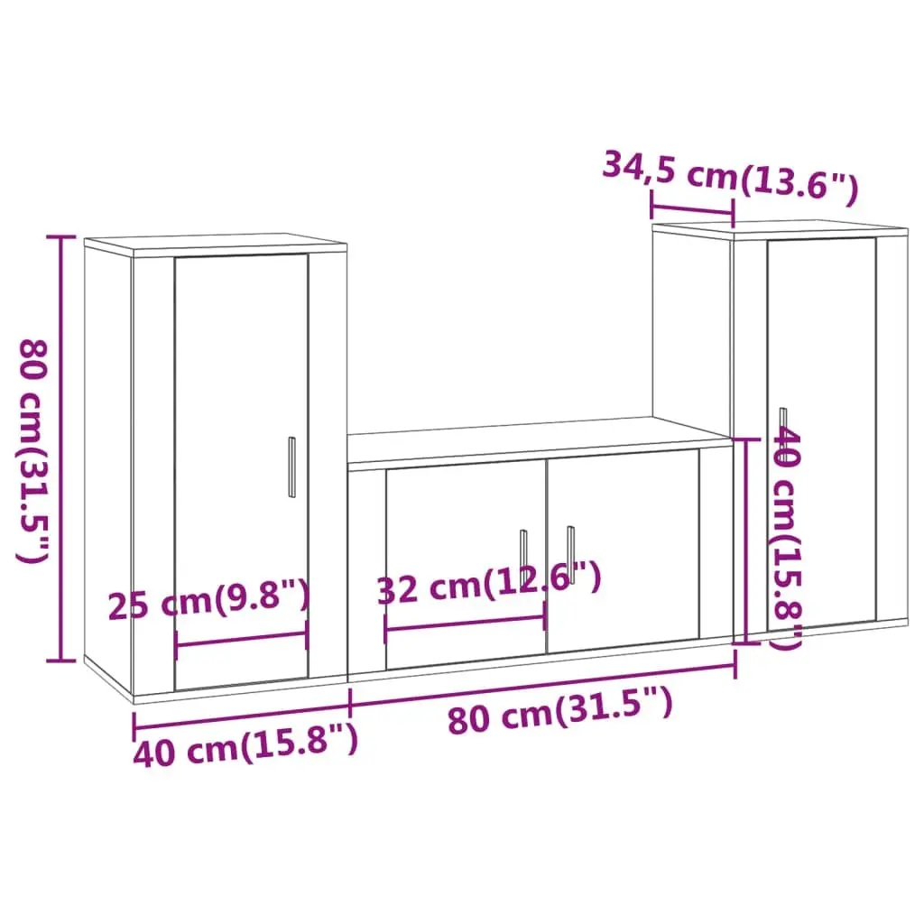 3 Piece TV Cabinet Set Wall-Mounted White Engineered Wood Storage Unit
