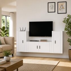 3-Piece Wall-Mounted White TV Cabinet Set