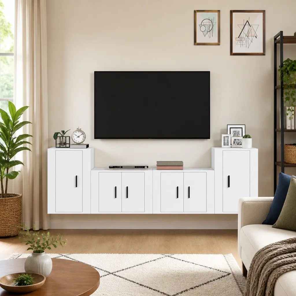 TV Cabinet Set 4 Piece White Wall-Mounted Storage Unit Organiser