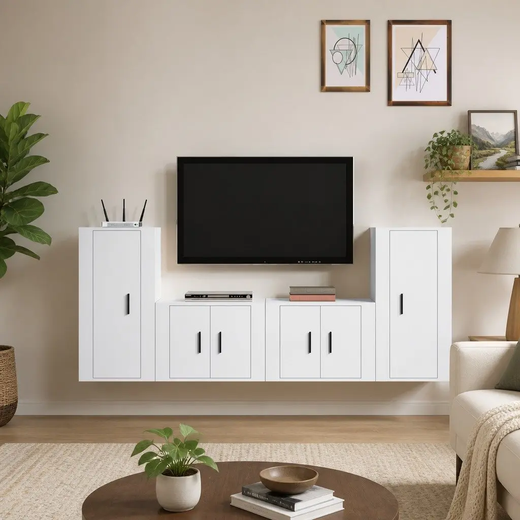 4-Piece White Wall-Mounted TV Cabinet Set