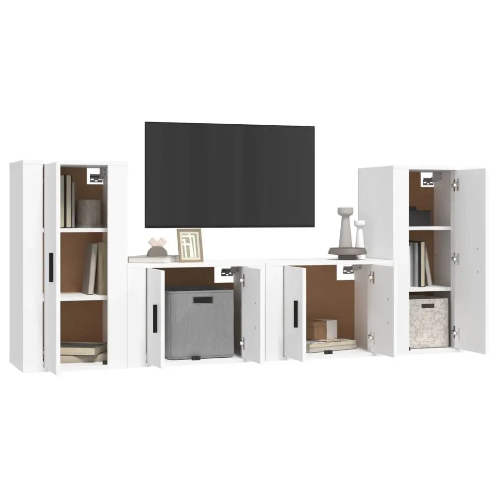 4-Piece White Wall-Mounted TV Cabinet Set