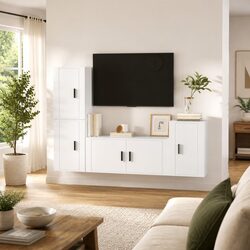 4-Piece White Wall-Mounted TV Cabinet Set
