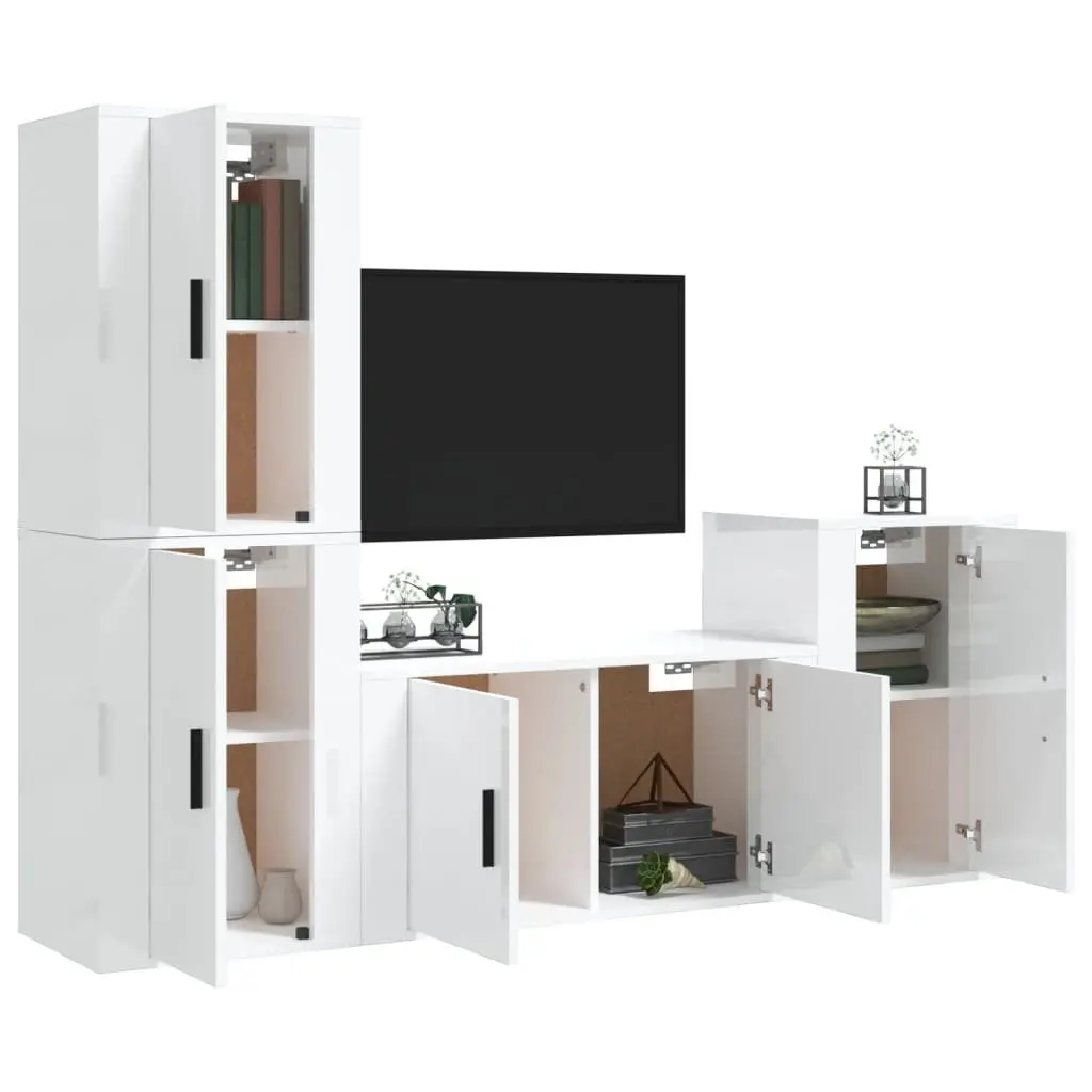4 Piece Wall Mounted TV Cabinet Set High Gloss White Engineered Wood Storage Unit