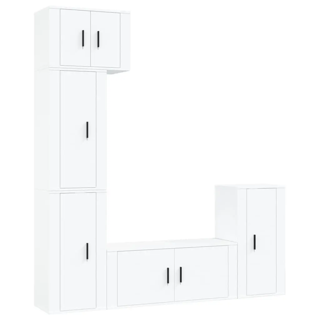 TV Cabinet Set Wall-Mounted 5 Piece White Engineered Wood Storage Unit