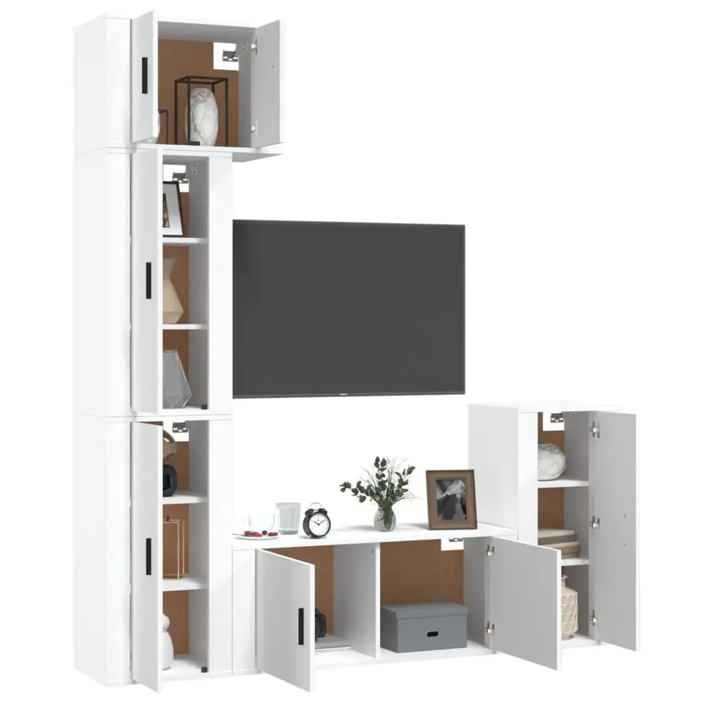 TV Cabinet Set Wall-Mounted 5 Piece White Engineered Wood Storage Unit