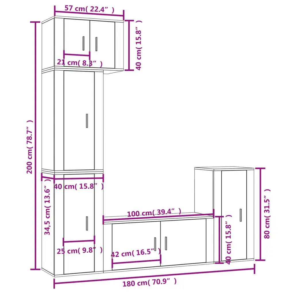 TV Cabinet Set Wall-Mounted 5 Piece White Engineered Wood Storage Unit