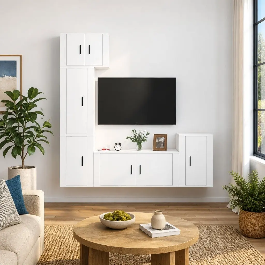 TV Cabinet Set 5 Piece White Wall-Mounted Engineered Wood Furniture