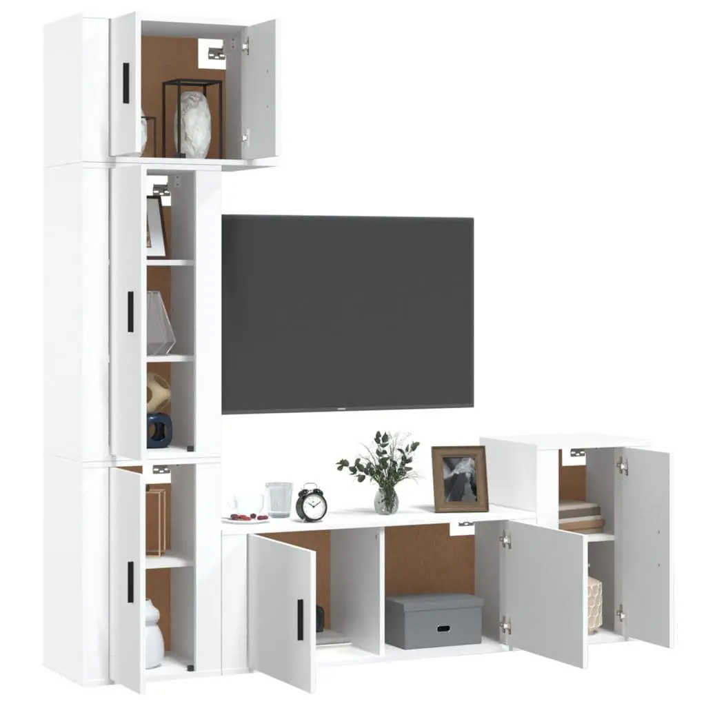 TV Cabinet Set 5 Piece White Wall-Mounted Engineered Wood Furniture