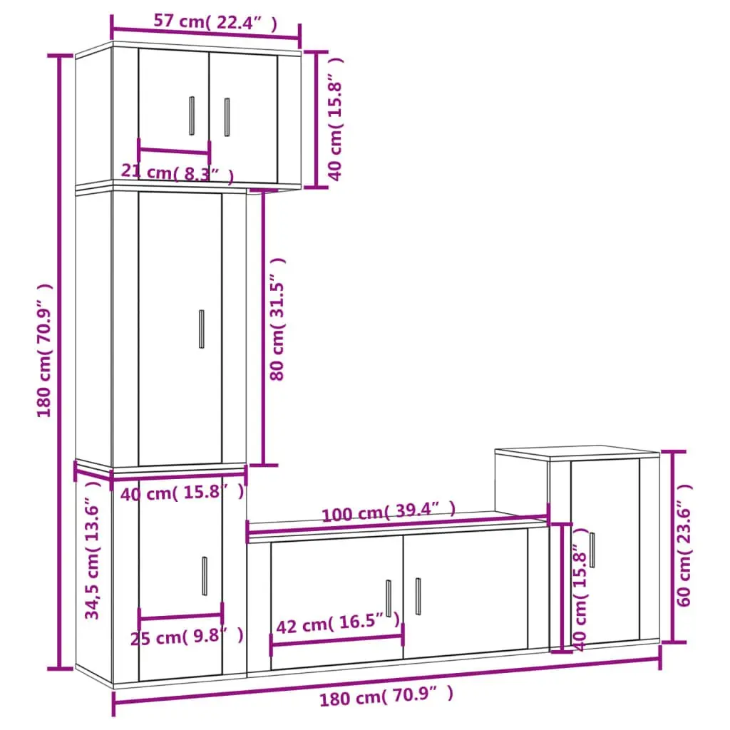 TV Cabinet Set 5 Piece White Wall-Mounted Engineered Wood Furniture