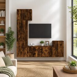 5 Piece Wall-Mounted TV Cabinet Set in Brown