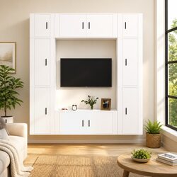 8-Piece White Wall-Mounted TV Cabinet Set