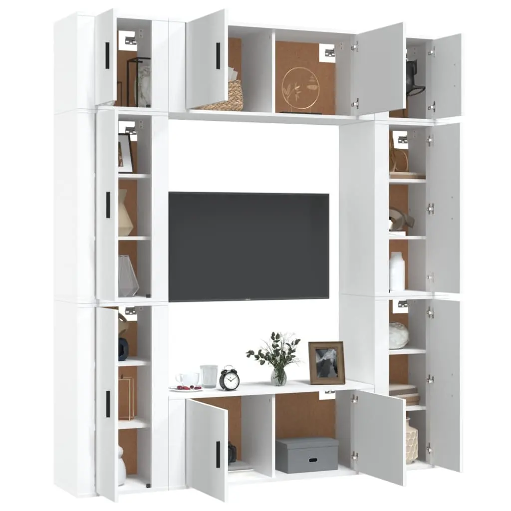 TV Cabinet Set Wall Mounted White 8 Piece Engineered Wood Storage Unit