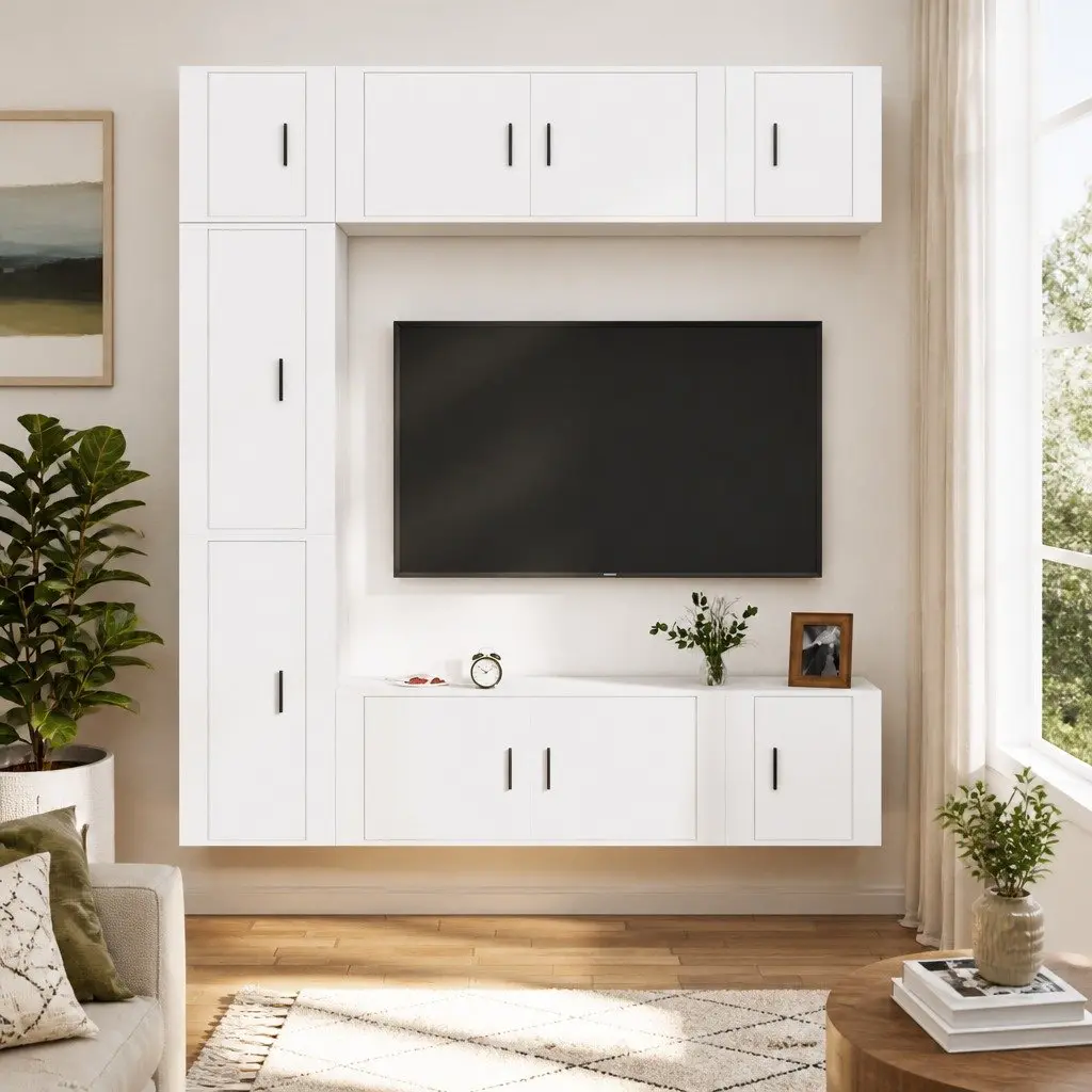 TV Cabinet Set White Wall-Mounted 7 Piece Engineered Wood Storage Unit