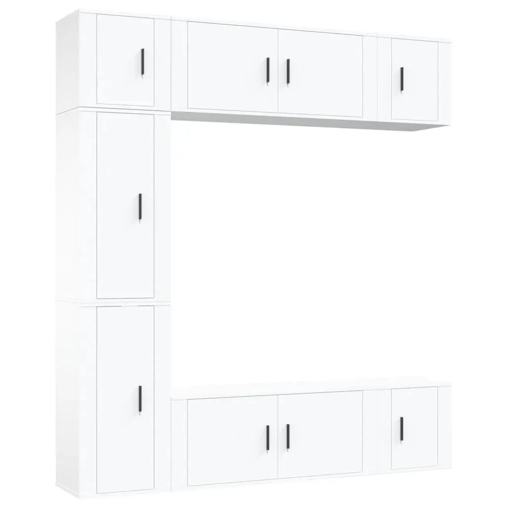TV Cabinet Set White Wall-Mounted 7 Piece Engineered Wood Storage Unit