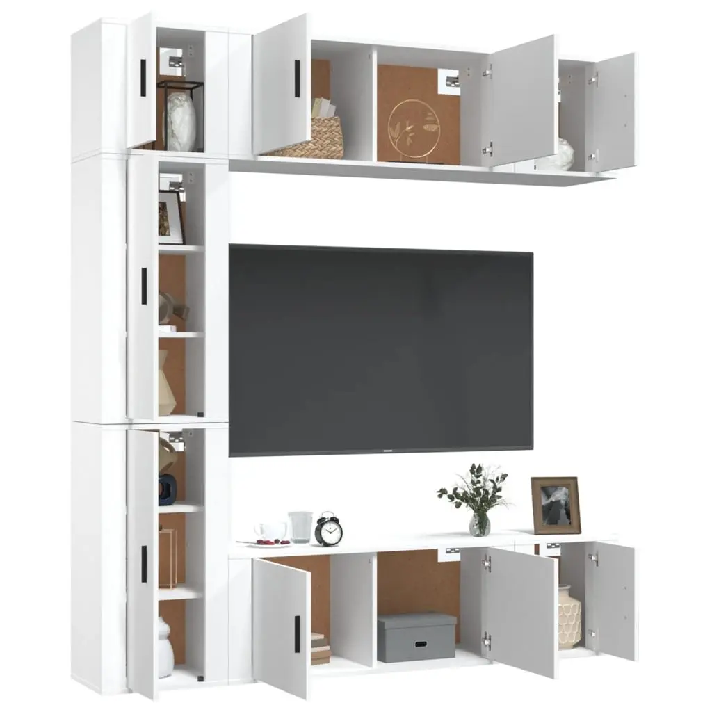 TV Cabinet Set White Wall-Mounted 7 Piece Engineered Wood Storage Unit