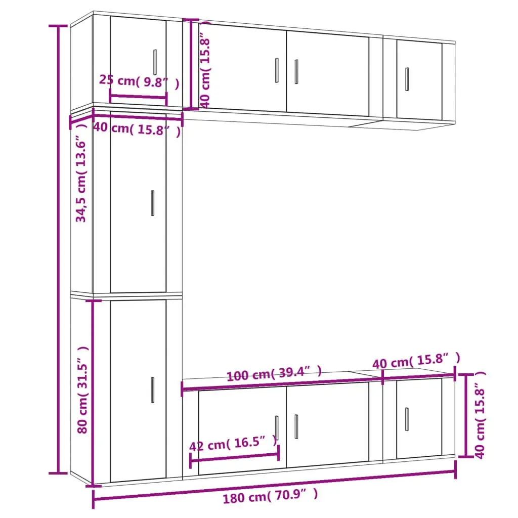 TV Cabinet Set White Wall-Mounted 7 Piece Engineered Wood Storage Unit