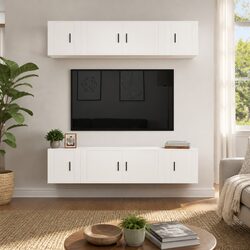 6 Piece White Wall Mounted TV Cabinet Set