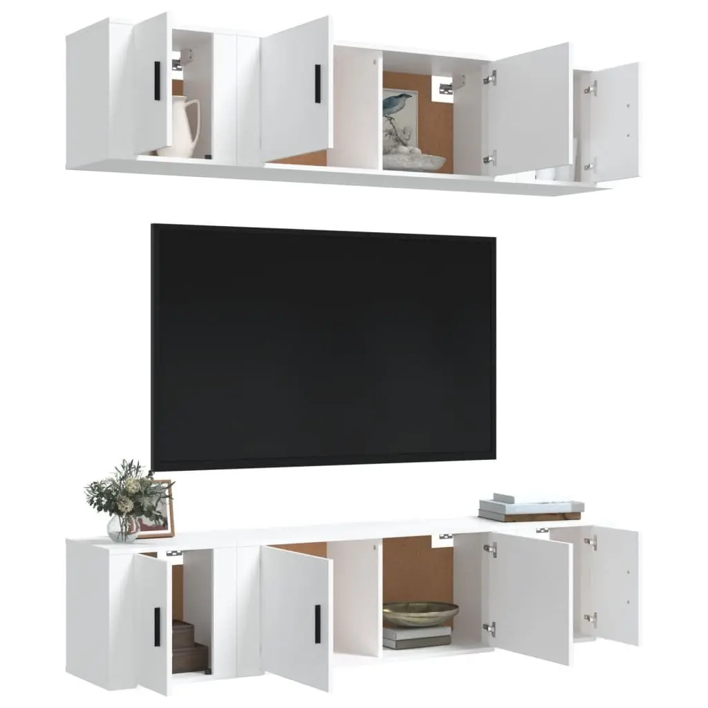 TV Cabinet Set 6 Piece White Wall Mounted Storage Unit Engineered Wood