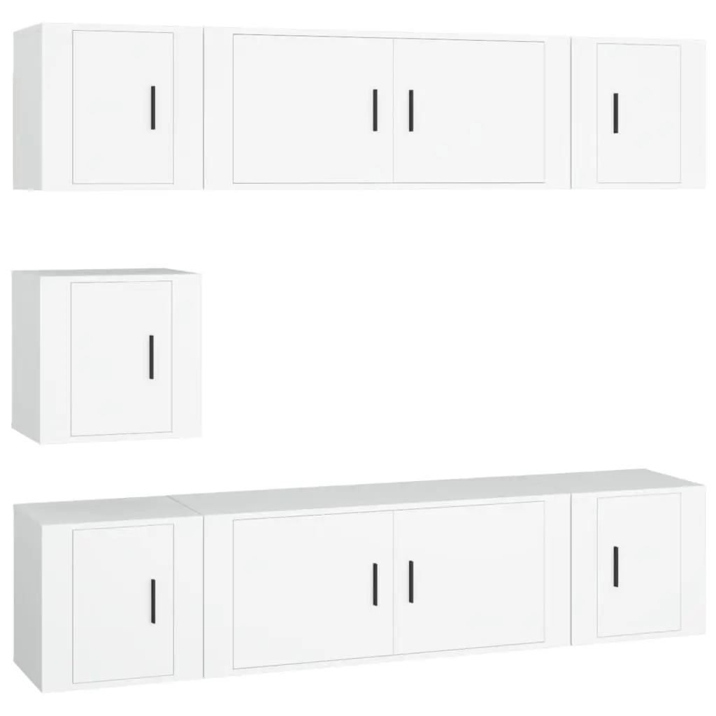 Wall Mounted TV Cabinet Set White Engineered Wood 7 Piece Storage Unit