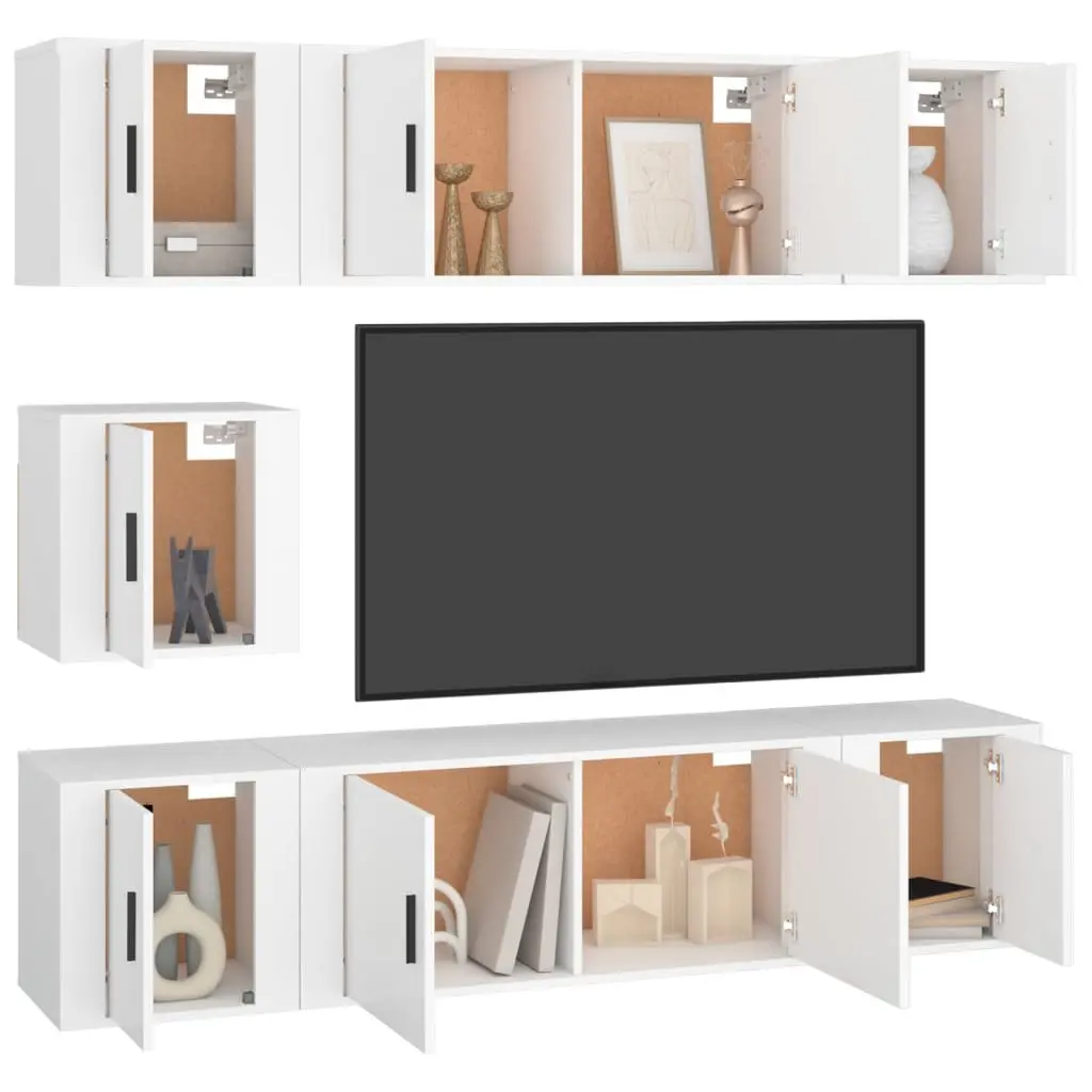 Wall Mounted TV Cabinet Set White Engineered Wood 7 Piece Storage Unit