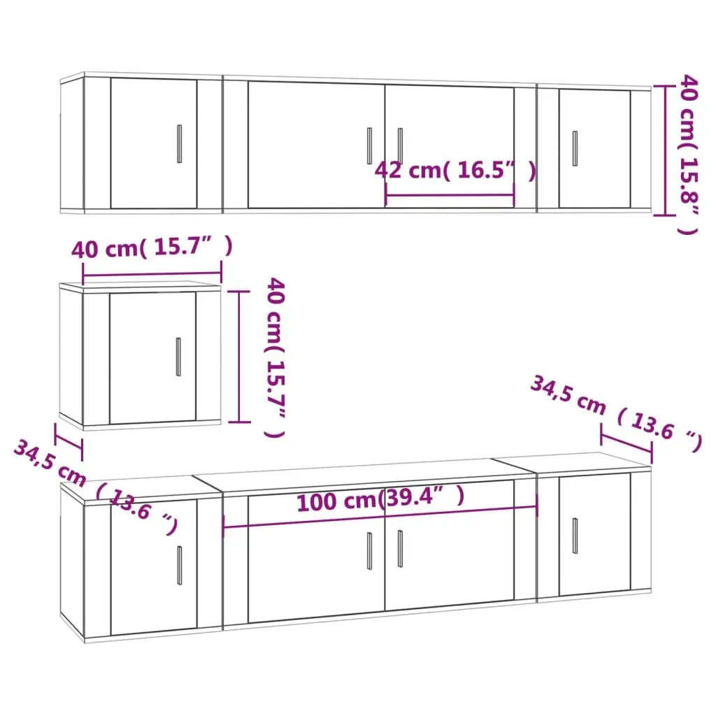 Wall Mounted TV Cabinet Set White Engineered Wood 7 Piece Storage Unit