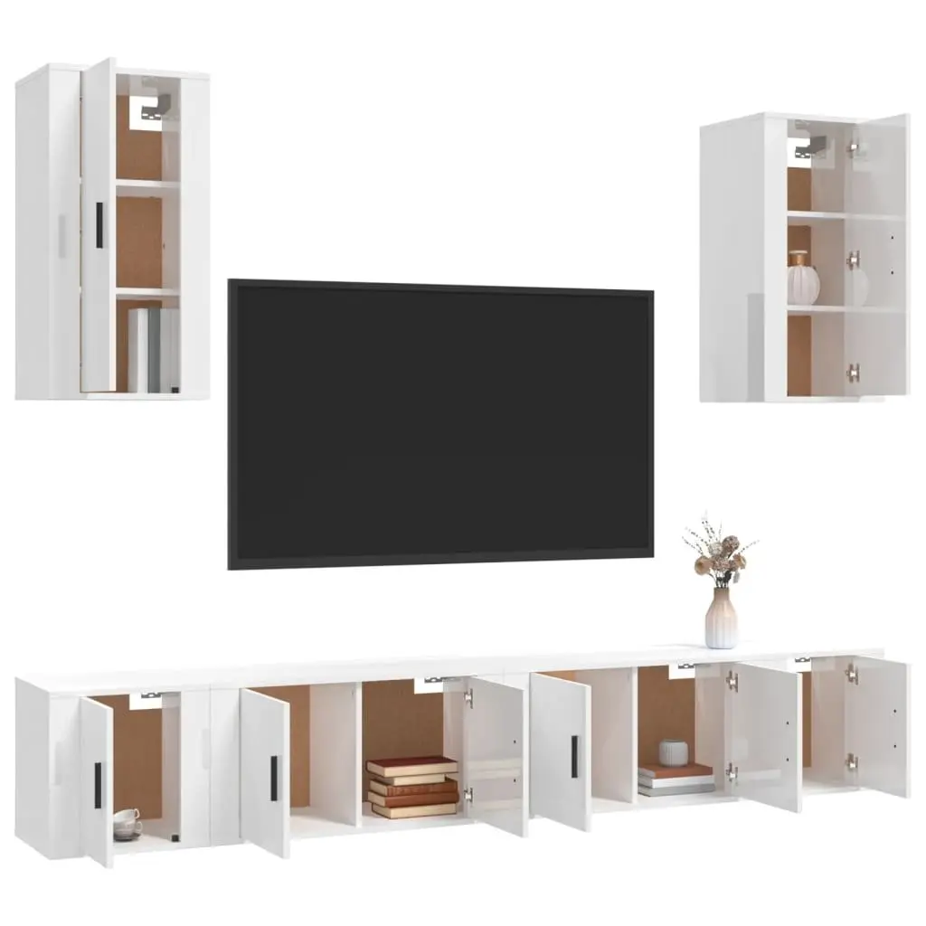 TV Cabinet Set High Gloss 6 Piece Wall-Mounted Storage Unit Engineered Wood