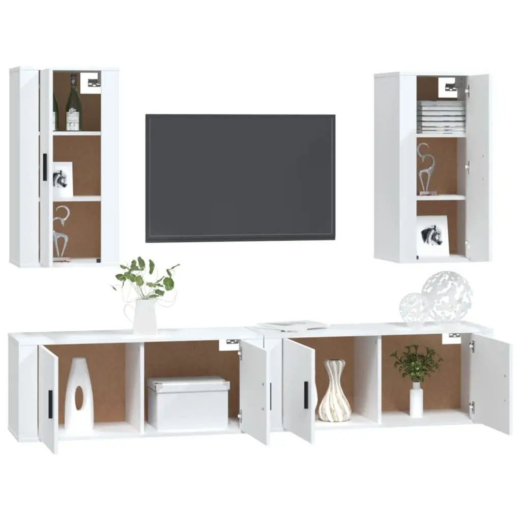 4 Piece Wall Mounted Storage Unit TV Cabinet Set White Engineered Wood Furniture