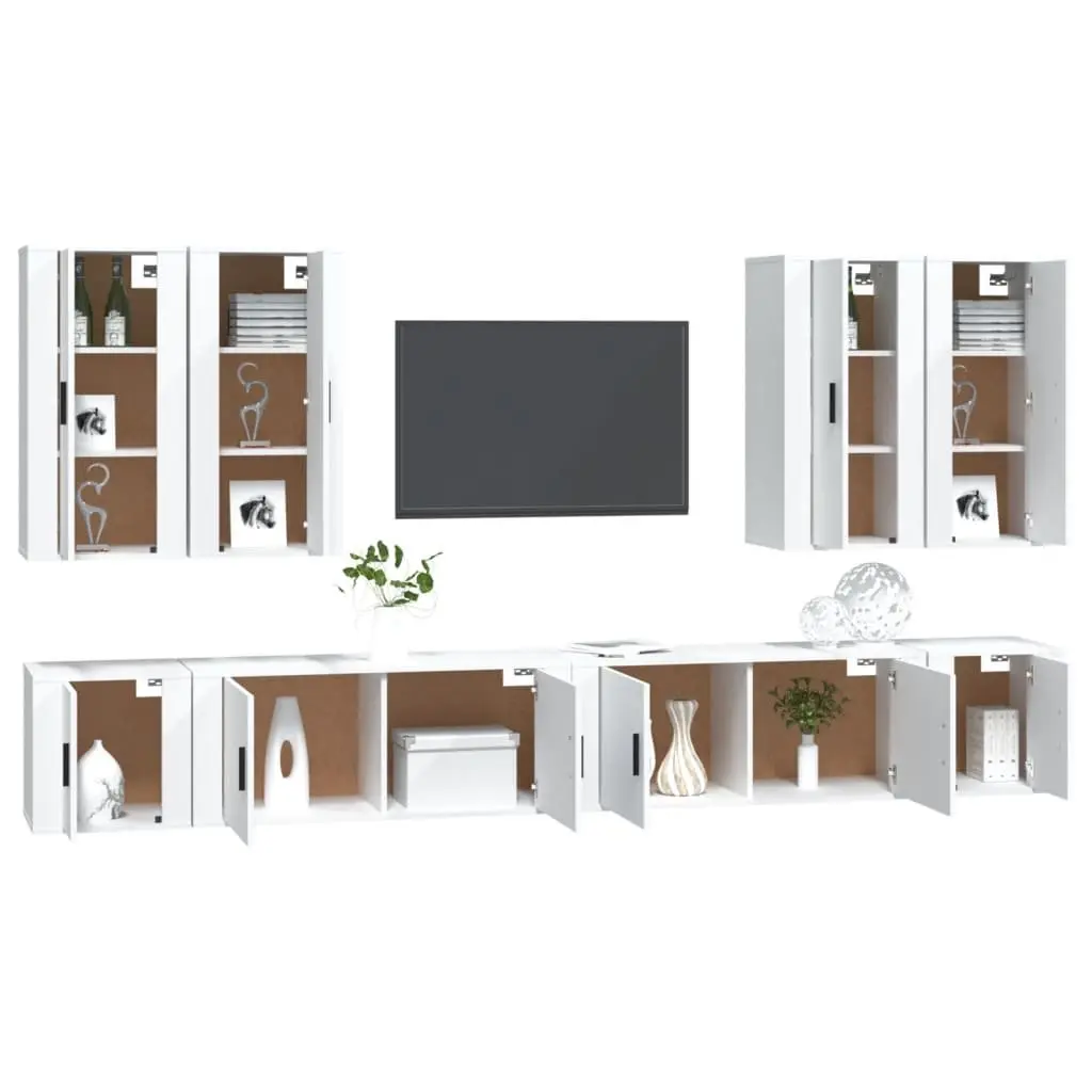 8 Piece Wall Mounted TV Cabinet Set White Engineered Wood Living Room Storage