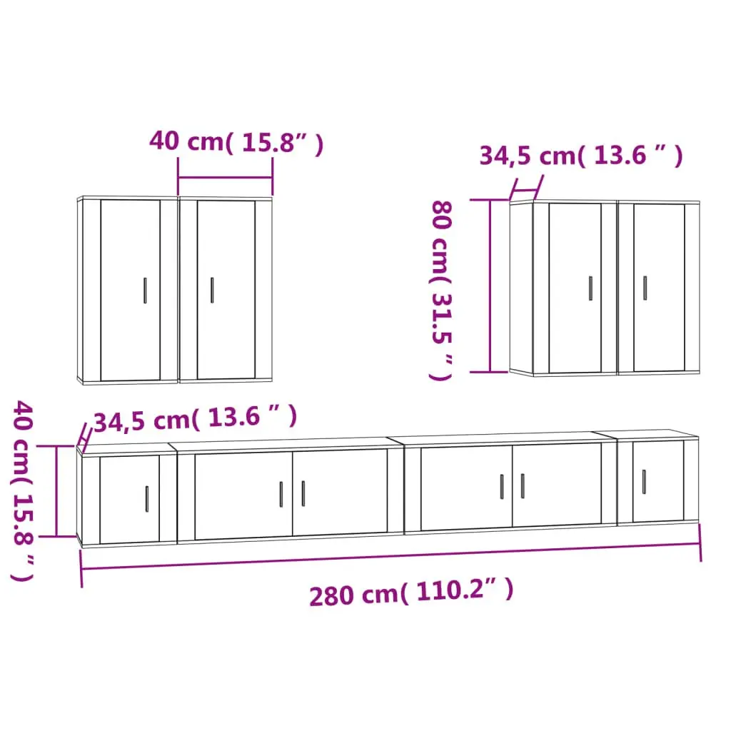 8 Piece Wall Mounted TV Cabinet Set White Engineered Wood Living Room Storage