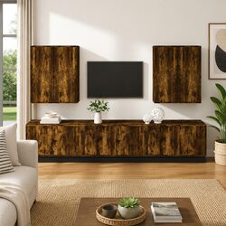 8-Piece Brown Engineered Wood Wall-Mounted TV Cabinet