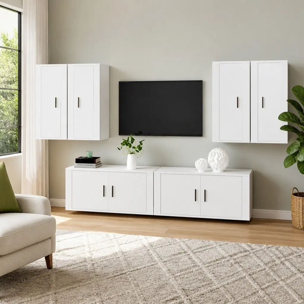 TV Cabinet Set White Wall-Mounted Storage Unit 6 Piece Engineered Wood