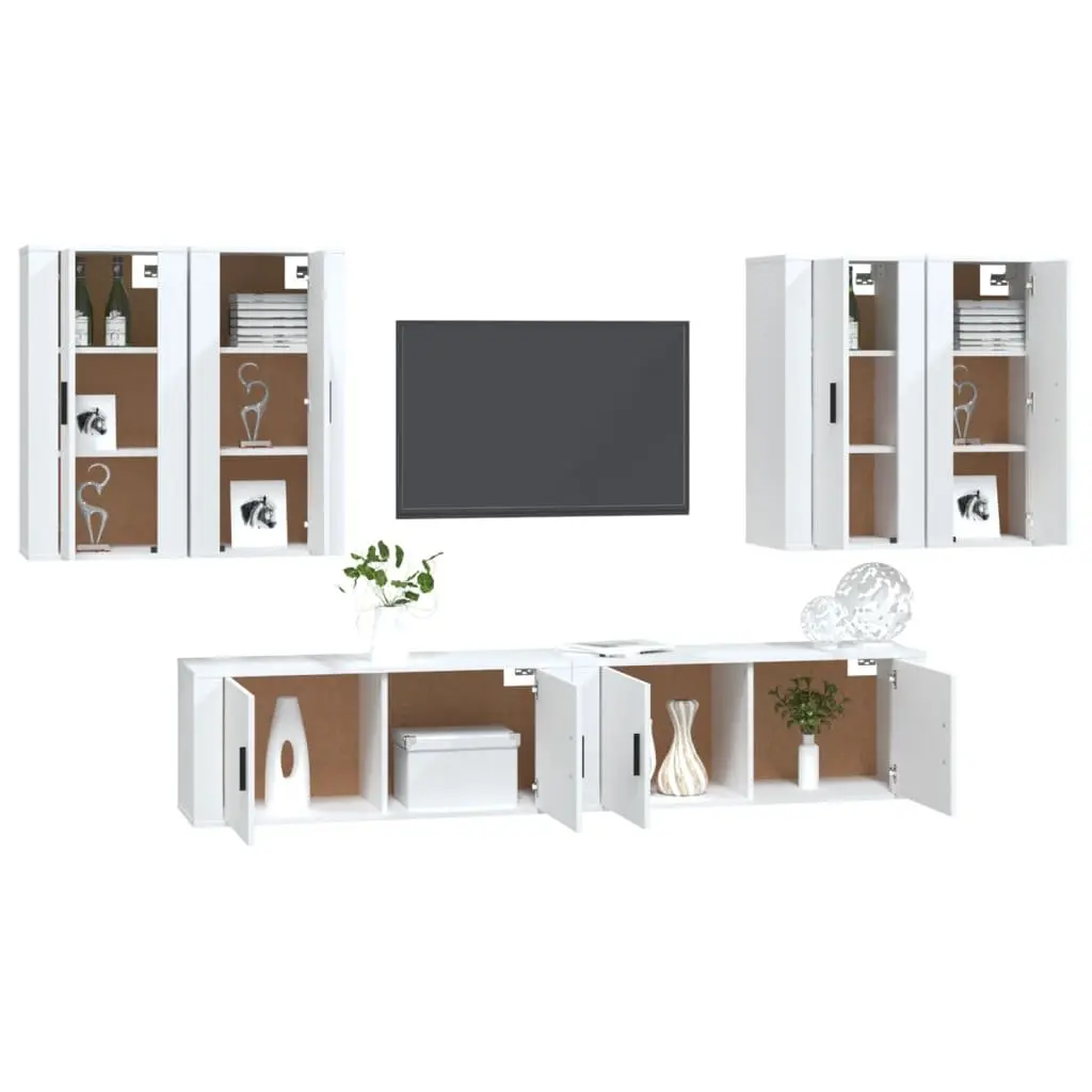 TV Cabinet Set White Wall-Mounted Storage Unit 6 Piece Engineered Wood