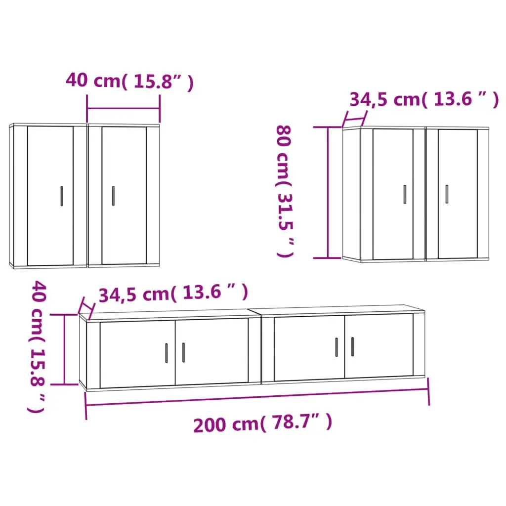 TV Cabinet Set White Wall-Mounted Storage Unit 6 Piece Engineered Wood